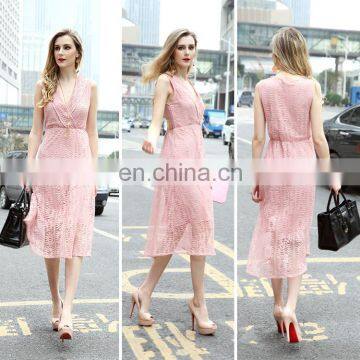 High Quality Factory Women Clothes Elegant Lace Dresses Design Sleeveless Women Deep V Neck Dresses