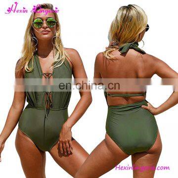 Wholesale Women Bikini One Piece Green Tie Backless Full Body Swimwear