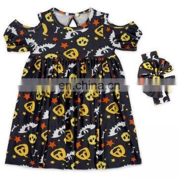 India Summer Off Shoulder Black Pumpkin Halloween Girl Party Wear Western Dress Baby Children Frocks Designs With Hair Band