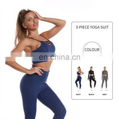 New Fashion 3 Piece Yoga Pants Set Elasticity Sport Wear Logo Yoga Activewear Set photo-4