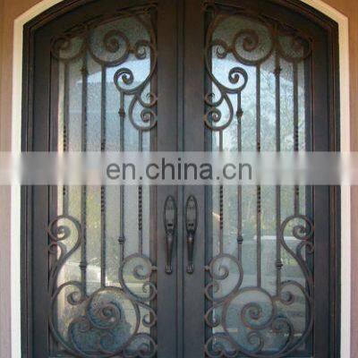 Fancy French Double Entry Security Arched Top Craftsmanship Scrolls Design Exterior Wrought Iron Front Door With Glass