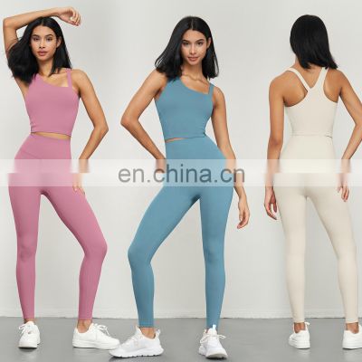 Asymmetrical Padded Workout Tank Tops Custom Yoga Sets High Waist Yoga Pockets Leggings 80nylon 20spandex