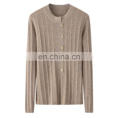 Women's Casual Solid Pattern Knit Crew Neck Pullover Winter Ribbed Cashmere Sweater with Button Decoration OEM Service Available