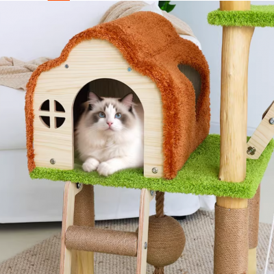 Natural Wooden Cat Tree with Cozy Cat Condo and Hanging Swing for Kittens and Adult Cats