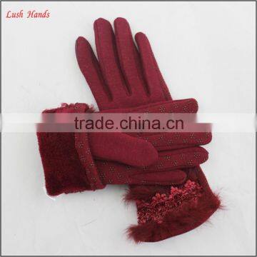 Ladies Cheap Spring Driving Red Micro Velvet Hand Gloves With Rabbit Fur photo-4