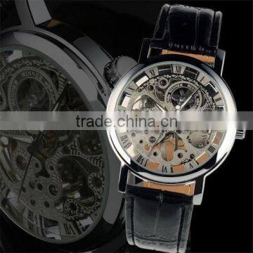 New Men's Black Leather Luxury Skeleton Dial Hand-Wind Up Mechanical Wrist Watch