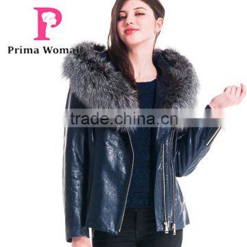 2015 New Design Women Leather Winter Jacket With Short Silver Fox Hat Overcoat photo-3