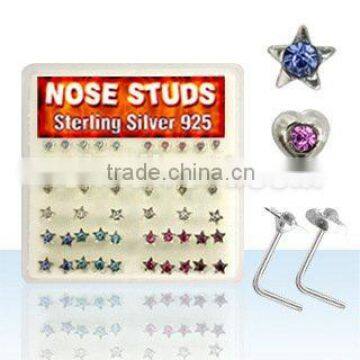 Display box of 52 pieces of 925 sterling silver nose studs