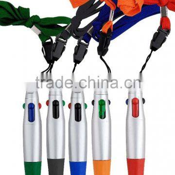 mini flat four ink color cord pen ,4 color carabiner pen with string