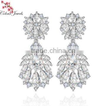 Clear Cubic Zircon Bridal Heavy Chandelier Earrings with AAA cubic Zircon and Platinum Plating