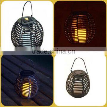 New Solar Powered Round Rattan Hanging Garden Lantern With Flickering LED Candle