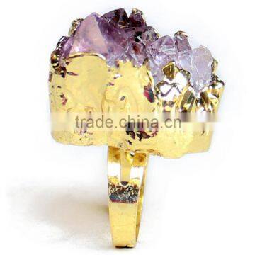 Druzy quartz amethyst gold plated ring