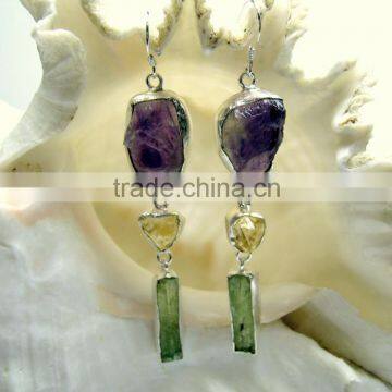 Amethyst Kyanite & Citrine Rough Gemstone Earrings, 925 Solid Sterling Silver Earrings, Dangle Designer Earrings