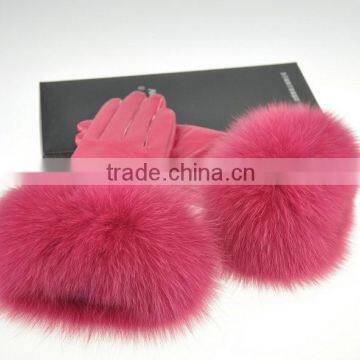 Flannelette Inside Super Warm Genuine Sheepskin Leather Gloves Fox Fur Trimming