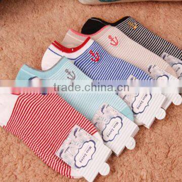 A588 2015 COTTON wholesale south Korea new fashion Navy Stripe embroidery anchor women boat socks