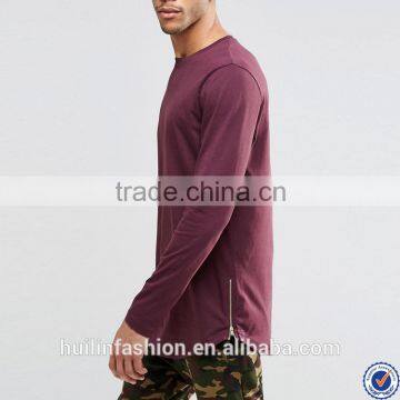 zip side plain burgundy long sleeve curved hem mens t shirts                        
                                                Quality Choice