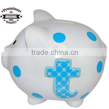 Baby Boy Blue Initial Ceramic Polka Dot Piggy Bank