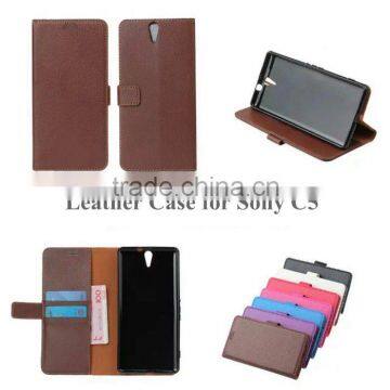 New Product PU Leather Classic Book Folio Case for Sony C5 with Card Slot and Stand