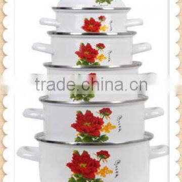 Delicate White Enamel Cookware Set Two Side Flower Decal Enamel Pot 5 Pcs Stock Belly Pot With Lid