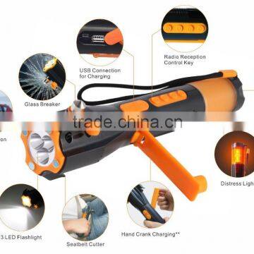 Dynamo radio LED falshlight with safety hammer and phone charge