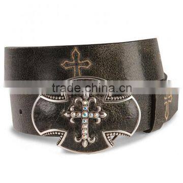 Western Crackled black leather belt cross stitch distressed leather rhinestones belt