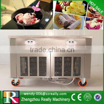 Double Compressors Thailand Fried Ice Cream Machine with two round pans