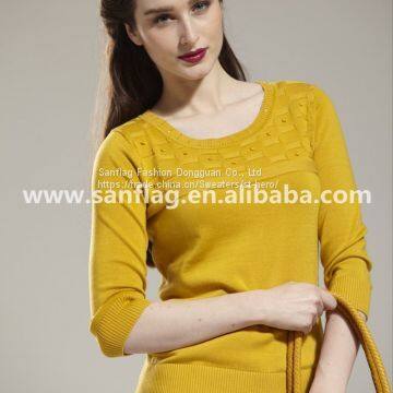 Ladies' crew neck 1/2 sleeve pullover jersey yellow knitted sweater