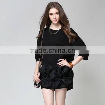 Ladies new fashion Korean style autumn 3/4 sleeve black simple casual shift dress