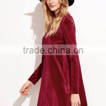 Red Velvet Backless Long Sleeve Shift Dress 100% Cotton Casual Sexy Back Hole Dress photo-5