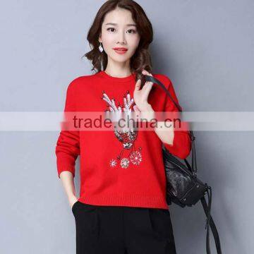 2017 New design sweater spring fashion women sweater with sequin deer pattern and pearl
