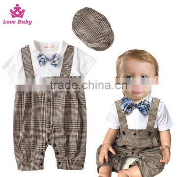 Baby Boys Summer Bodysuit Short Sleeve Plaid Rompers Gentlemen Kids Boys Suit with Hat