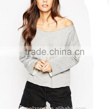 Latest off the Shoulder Neck Raw Cut Edges Women Sweatshirt photo-2