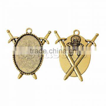 Wholesale Charm Pendants Oval Gold Tone Cabochon Settings Halloween Skull Sword Carved 4.6cm x 4.0cm10 PCs