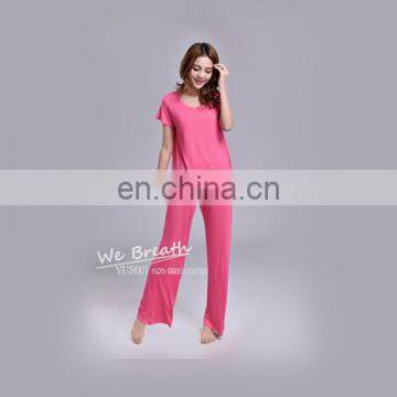 Women Bamboo Fiber Pajamas Short Sleeves Set Rose Red Beach Pants photo-2