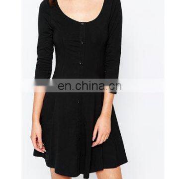 Long sleeves scoop neck new woman black dress with buttons decorated