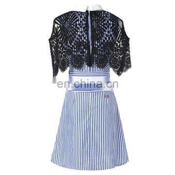 2017 Summer Stripe Dress Office Formal Collar Neck Blue White Stripe Cape Sleeve Lace Twill Patch Work Midi Dress Instock photo-5