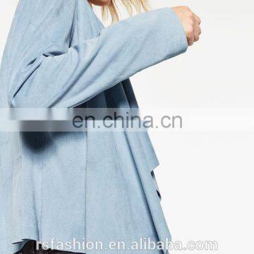 Light Blue Casual Suede Lapel Jacket , Artificial Schammy Jacket photo-4