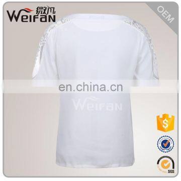 Wholesales OEM White Color Lace Short Sleeve Young Women Tee Shirts