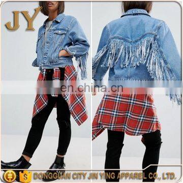 New Design Women Long Sleeve Summer Denim Midwash Blue Short Jackets with Fringed Back