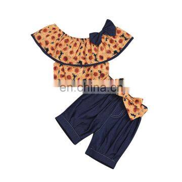 Blooming sunflower pattern offshoulder top with big bow matching a  shorts 2pcs lovely Baby Girl suit