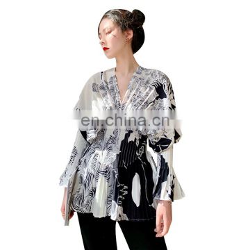 TWOTWINSTYLE Women's Shirts V Neck Flare Long Sleeve Pleated Tunic Large Size Casual Summer Blouses