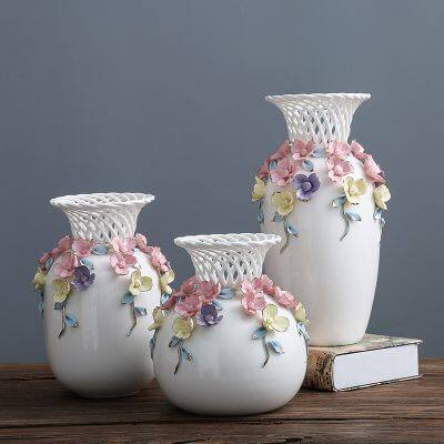 European Modern Simple Fashion Hollow Gild Knit White Ceramic Vase For Home Decor