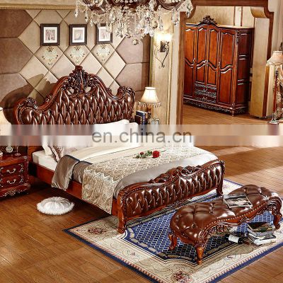 European style Luxury leather bed Antique design Solid wood king size bed