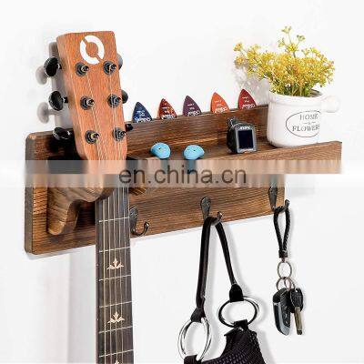 Wall Mount Guitar Holder With 3 Hooks Accessories Storage Shelf,Wood Guitar Rack Stand for Different Kinds of Guitar