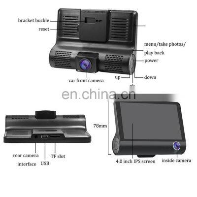 Best 4.0 Inch IPS Screen Triple Lens 1080p Full HD Car Video Camera Dash Cam Dual Camera HD Digital Black Box For Car photo-5