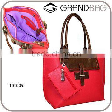 vibrantly mixed color leather lady hand bag tote bag handbag with detachable zipper pouch