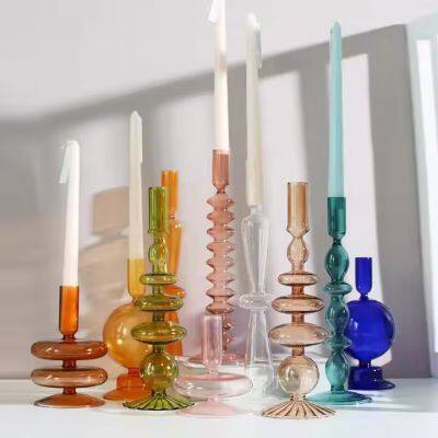 Wholesale Cheap Wedding Decorations Nordic Colored Candlestick Romantic Candelabras Candle Stand Glass Candle Holders