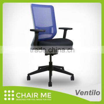 Ventilo office chair, blue mesh chair, gray bracket, adjustable seat, armrest, lumbar, nylon base