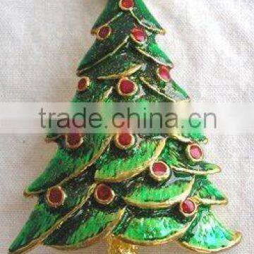 Green enamel christmas tree brooch with Red Green Rhinestone