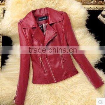 custom 100% polyester red color women fashion leather jacket wholesale